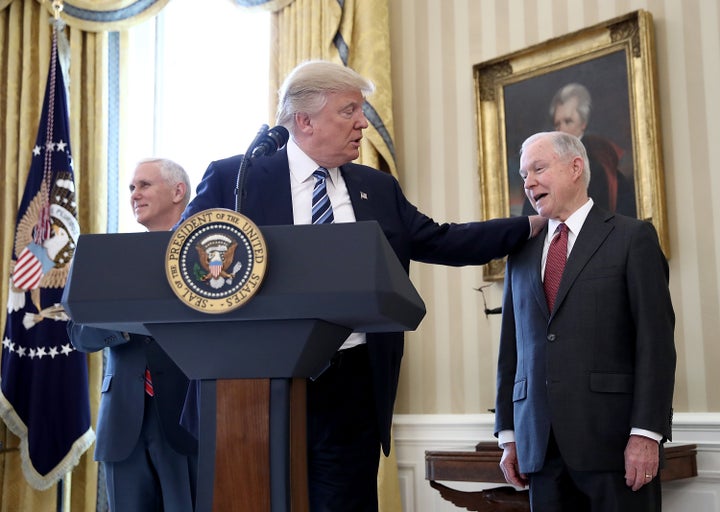 President Donald Trump with Attorney General Jeff Sessions at his swearing in ceremony in the Oval Office. Sessions was the first senator to endorse Trump's Republican presidential campaign.