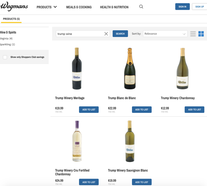 Trump wines listed on the Wegmans website.