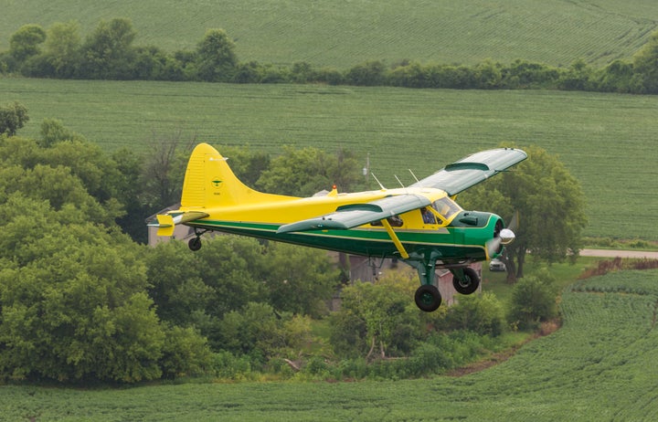 Harrison Ford pilots his De Havilland DHC-2 Beaver at an airshow in Westchester, Illinois, on July 28, 2016.