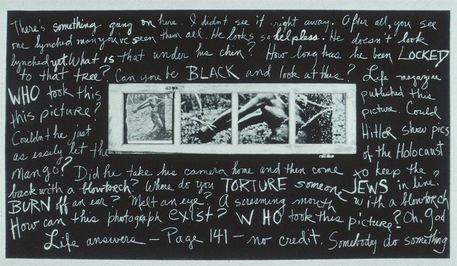 Pat Ward Williams, "Accused/Blowtorch/Padlock," 1986, wood, tar paper, gelatin silver prints, film positive, paper, pastel, and metal, overall: 61 13/16 × 108 1/4 × 3 in. (157 × 275 × 7.6 cm)