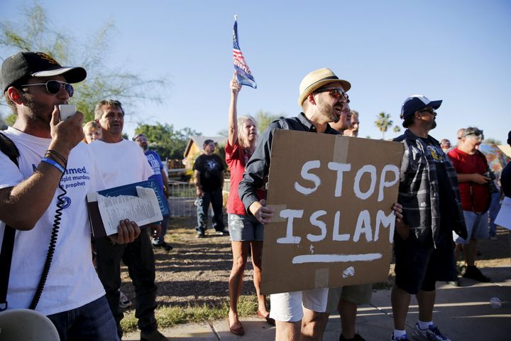 Anti-Muslim demonstrators outside The Islamic Community Center in Phoenix, Arizona. 
