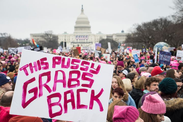 Demonstrators stand in front of the U.S. Capitol building during the Women's March on Washington on Jan. 21.