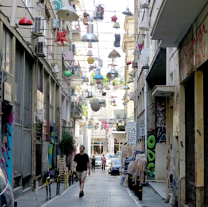 Athens ‘weird’: Pittaki Street, where lights have been strung as art.