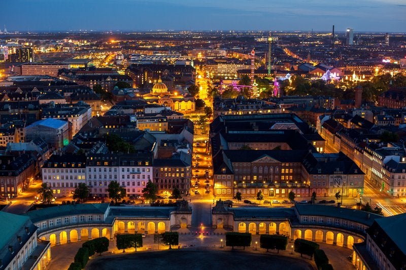 Nighttime cityscape of Copenhagen, Denmark, winner of numerous awards for livability, health, environmental achievement, and
