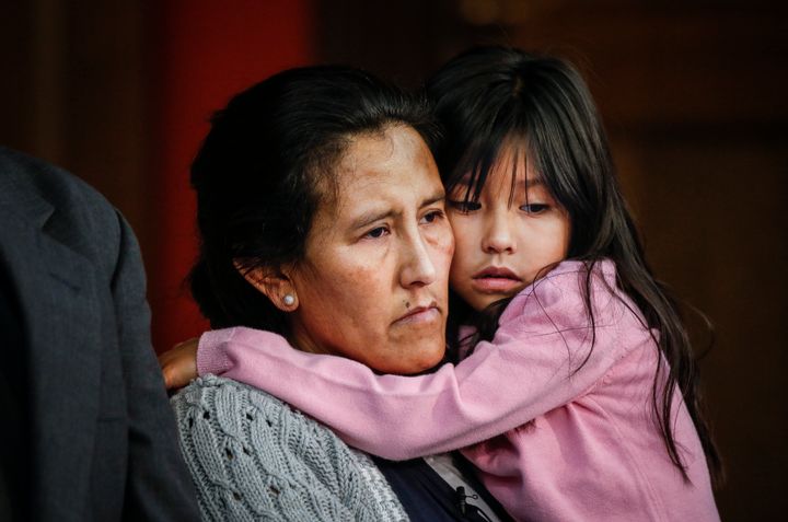 Undocumented immigrant and activist Jeanette Vizguerra, 45, hugs her youngest child Zury Baez, 6, while addressing supporters and the media as she seeks sanctuary at First Unitarian Church on February 15, 2017 in Denver, Colorado.