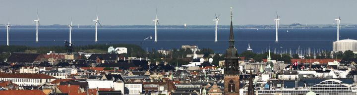 Offshore wind turbines near the Copenhagen shoreline.