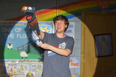 Jason (Michael Doherty) and his puppet, Tyrone, in a scene from Hand to God