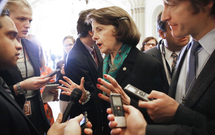 Sen. Dianne Feinstein spoke to Capitol Hill reporters on Wednesday following a Democratic caucus meeting.