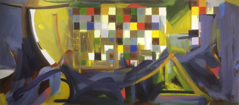 Susan Sommer, <em>Discrete Units II</em> (2014), oil on linen, 28 x 66 inches