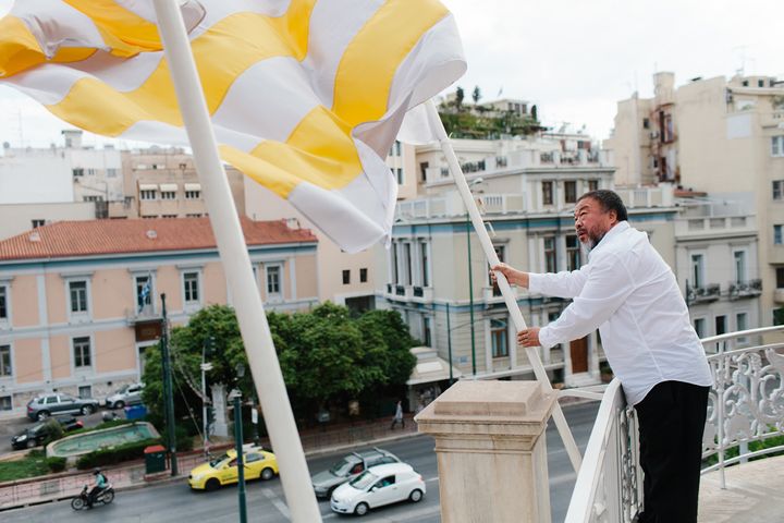 Ai Weiwei installing new work, Flags {Europe, Shadow, Greece} exterior to Stathatos Mansion. Photo: Paris Tavitian, © 2016, MCA archives 