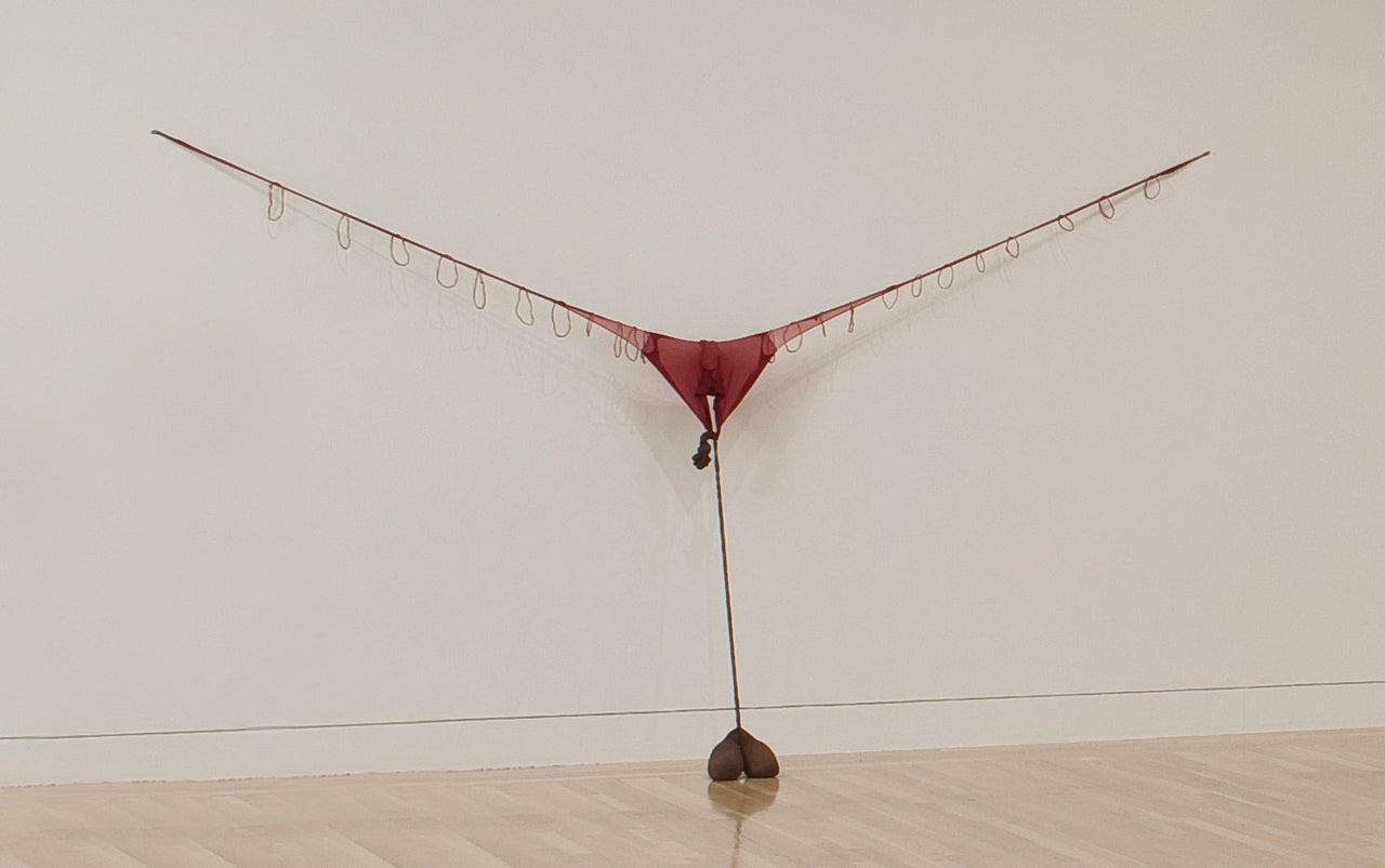 Senga Nengudi "Revery - R," 2011, nylon mesh, metal springs, sand, 22 1/2 x 15 x 6 in. (57.2 x 38.1 x 15.2 cm) 