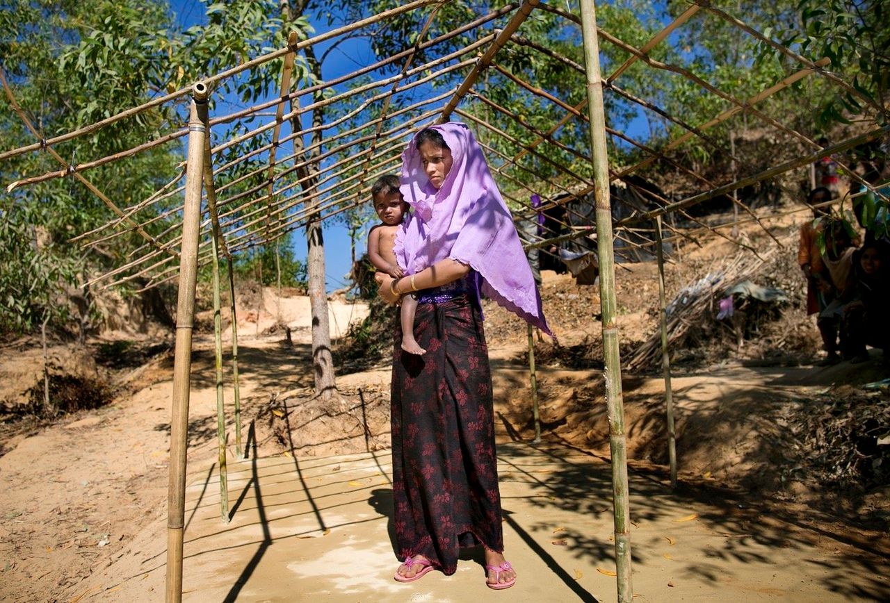 Hasina Begum in the house she is building in Balu Kali refugee camp. She says she doesn’t have enough money to finish building it. Hasina, who fled in mid-January, says the military attacked her village, rounded up the women and girls and raped those as young as 11.