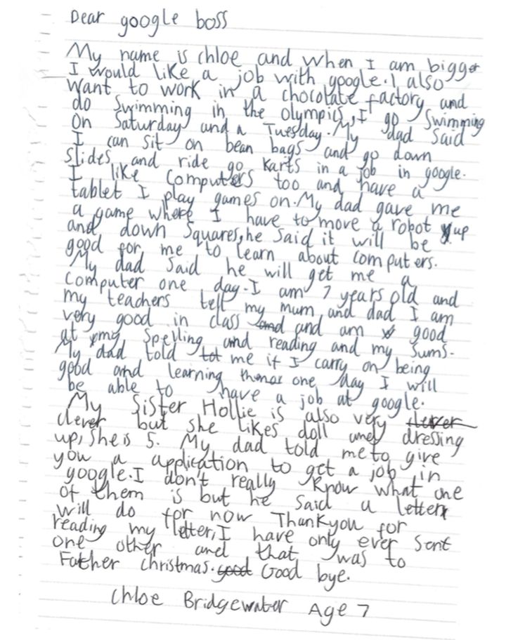 A 7-year-old named Chloe sent a letter to Google asking for a job in the future.