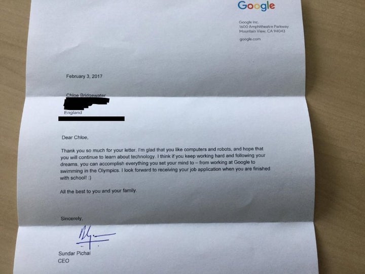 Google CEO Sundar Pichai wrote back to tell her she "can accomplish everything" if she commits to it. 