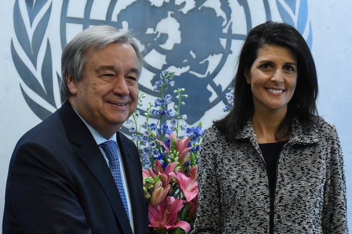 Newly appointed US Ambassador to the United Nations Nikki Haley presents her credentials to Antonio Guterres at UN in New Yor