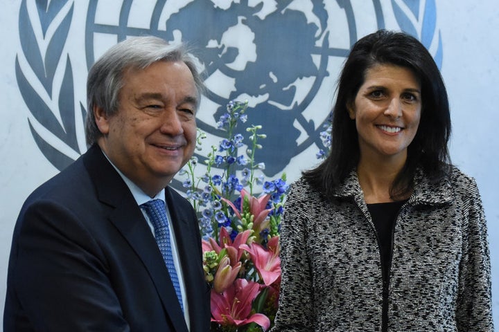 Newly appointed US Ambassador to the United Nations Nikki Haley presents her credentials to Antonio Guterres at UN in New York. 