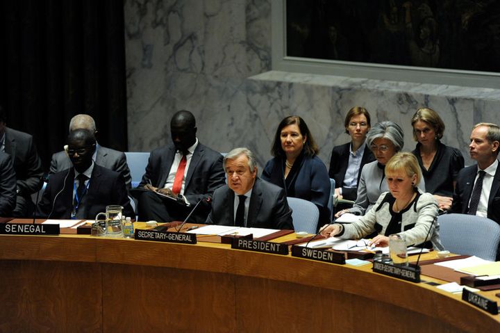 UN Secretary General Antonio Guterres delivers remarks during a Security Council meeting at the United Nations.