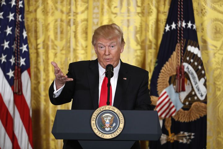 President Donald Trump speaks during a news conference.