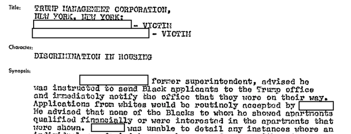 FBI records indicate a Trump employee admitted to participating in a housing discrimination scheme. He was a doorman.