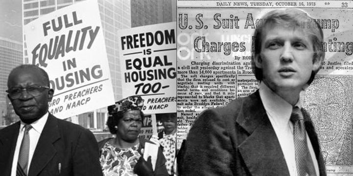 <p>Left: Equal housing marchers during the Civil Rights era. Right: <a href="https://www.huffpost.com/news/topic/donald-trump">Donald Trump</a> in 1975, the year he settled charges of racism without admitting guilt, which evidence in this story exposes.</p>