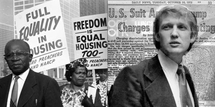 Left: Equal housing marchers during the Civil Rights era. Right: Donald Trump in 1975, the year he settled charges of racism without admitting guilt, which evidence in this story exposes.