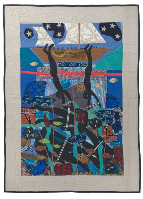 <p>“Escaping the Slave Ship...Henrietta Marie” 2006. Textiles & mixed media. 67 x 90 in.</p>