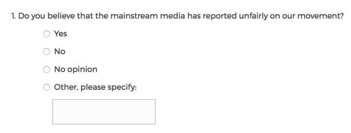 The bizarre quiz asks questions such as: 'Do you believe the mainstream media has reported unfairly on our movement?'