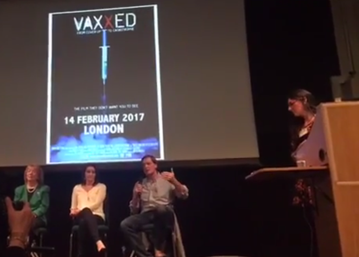 Wakefield answers questions during a Q&A session at the London screening of Vaxxed