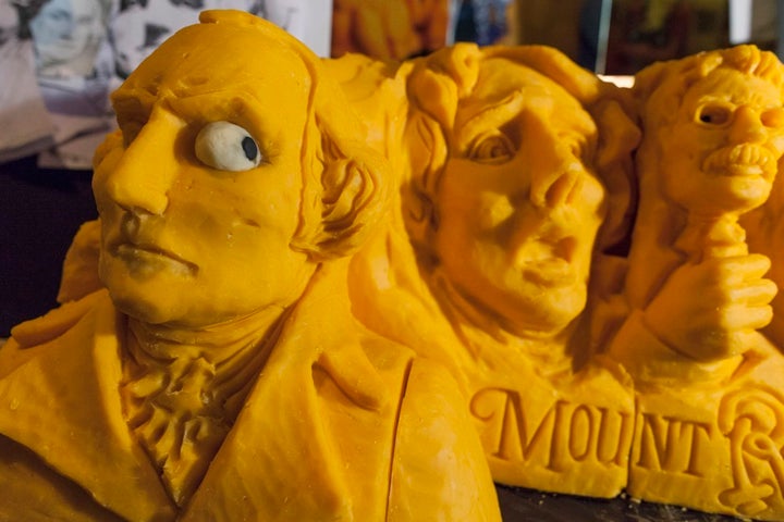 <p>A 160-pound cheddar cheese sculpture of Mount Rushmore, created in 2013</p>