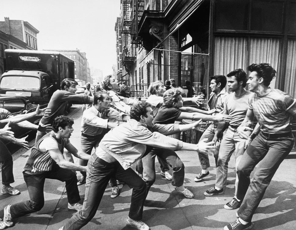 One of the "Jets vs. Sharks" scenes filmed on New York City sidewalks.