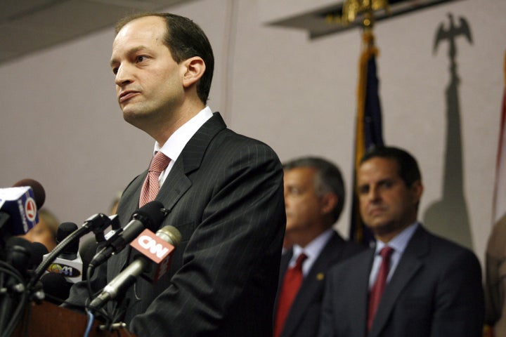 Former U.S. Attorney R. Alexander Acosta holds a news conference about the arrest of seven people in Miami, June 23, 2006.