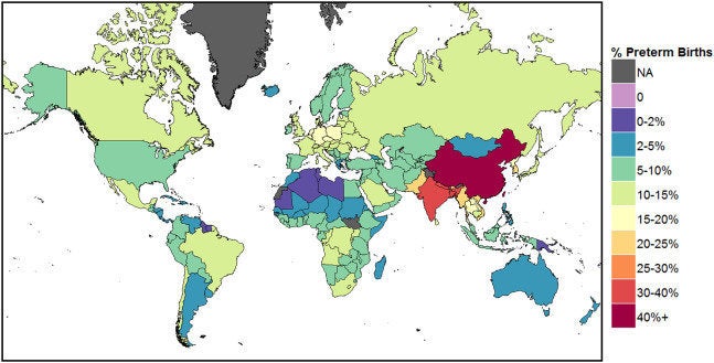 The image above shows the percentage of total preterm births associated with outdoor PM exposure in 2010. 