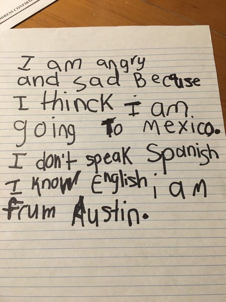 An elementary school student in Austin, Texas, submits a writing prompt after a series of immigration arrests in February 2017.