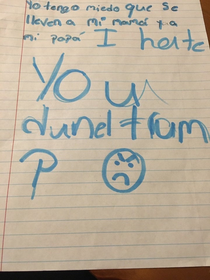 An elementary school student in Austin, Texas, submits a writing prompt after a series of immigration arrests in February 201