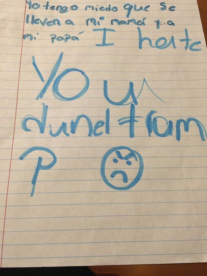 An elementary school student in Austin, Texas, submits a writing prompt after a series of immigration arrests in February 2017.