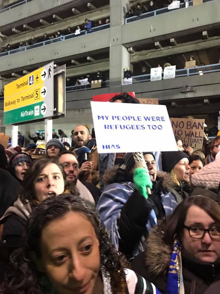 Protesters crowd JFK airport in New York following Donald Trump’s Muslim ban.