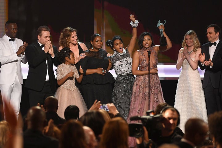 The cast of "Hidden Figures" with director Ted Melfi, accepting their SAG award in January. 