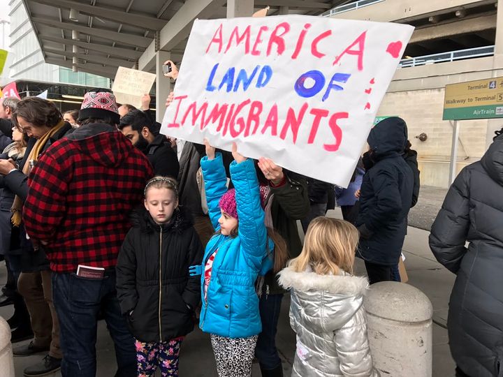 <p>Protesters raise their voices against Trump’s immigration ban.</p>