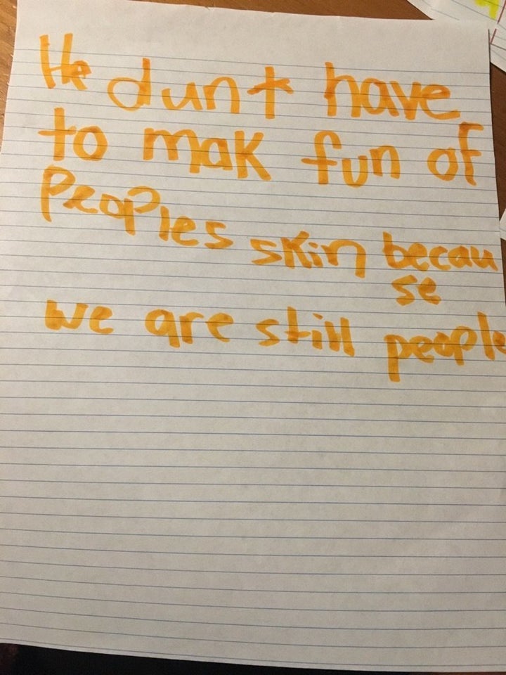 An elementary school student in Austin, Texas, submits a writing prompt after a series of immigration arrests in February 201