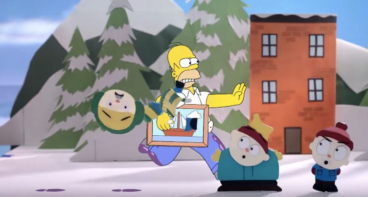 Homer destroys "South Park" kids lookalikes.