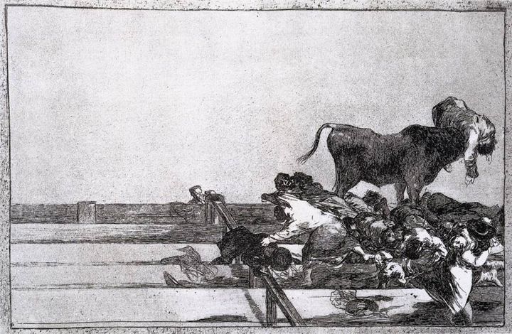 Plate 21 from the 'Tauromaquia': Dreadful events in the front rows of the ring at Madrid and death of the mayor of Torrejon, 1816, etching, 9 11/16 × 13 7/8 in., Sheet: 12 1/8 × 17 1/4 in. 