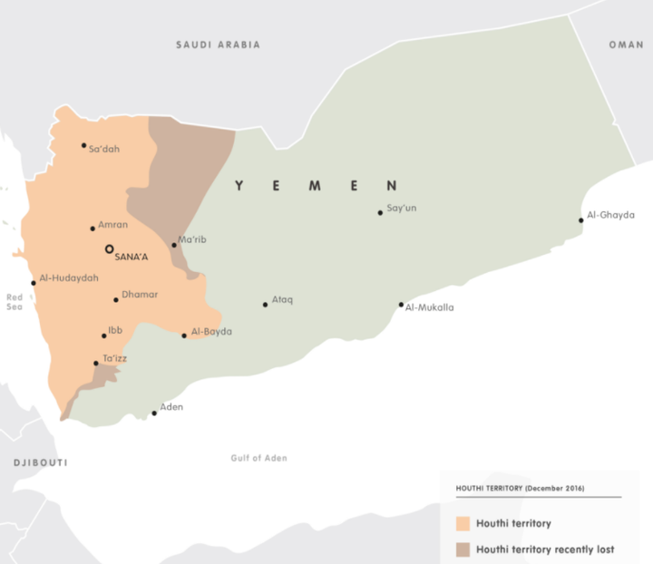 A map of Yemen showing Houthi control as of December 2016.