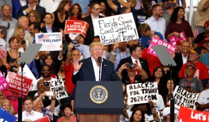 <strong>US President Donald Trump speaks during his 'Make America Great Again' rally at Orlando Melbourne International Airport in Melbourne, Florida.</strong>