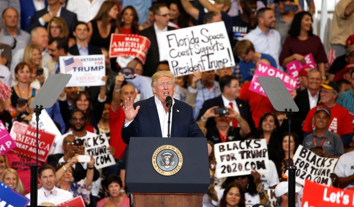 US President Donald Trump speaks during his 'Make America Great Again' rally at Orlando Melbourne International Airport in Melbourne, Florida.