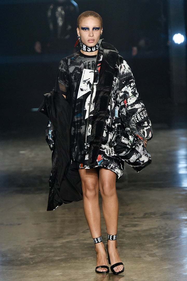 Adwoa Aboah at the Versus London Fashion Week show on 18 February 2017.