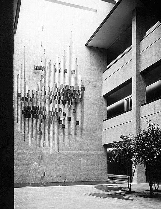 Michio Ihara, Wall Sculpture (1963), copper sheet with patina, 50 x 32 feet x 18 inches, 275 Wyman Street Office Building, Waltham, MA, Architect: Anderson, Beckwith & Haible Associates, Boston, MA 