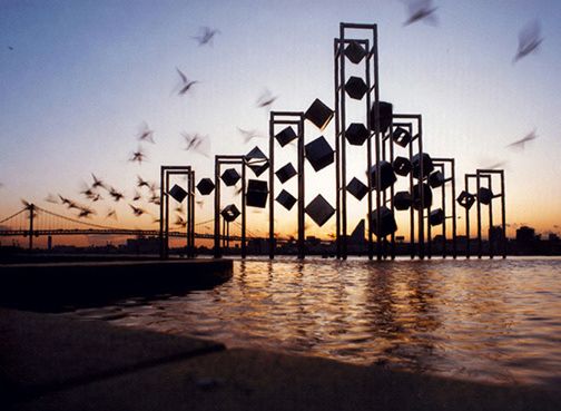 Michio Ihara, Wind Sculpture (1991), stainless steel, 20 x 39 x 15 feet, Harumi Municipal Pier Park, Tokyo, Japan, Architect: Minoru Takeyama Associates, Tokyo, Structure Engineer: NAS Engineering, Tokyo, Japan 