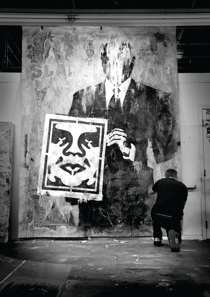 <p>Shepard Fairey at work. <em>Risky Business</em>, 2011, Mixed media painting, mixed media (stencil, silkscreen and collage) on canvas, Art in the Streets, 120 x 84. Courtesy Obey Giant Art. </p>