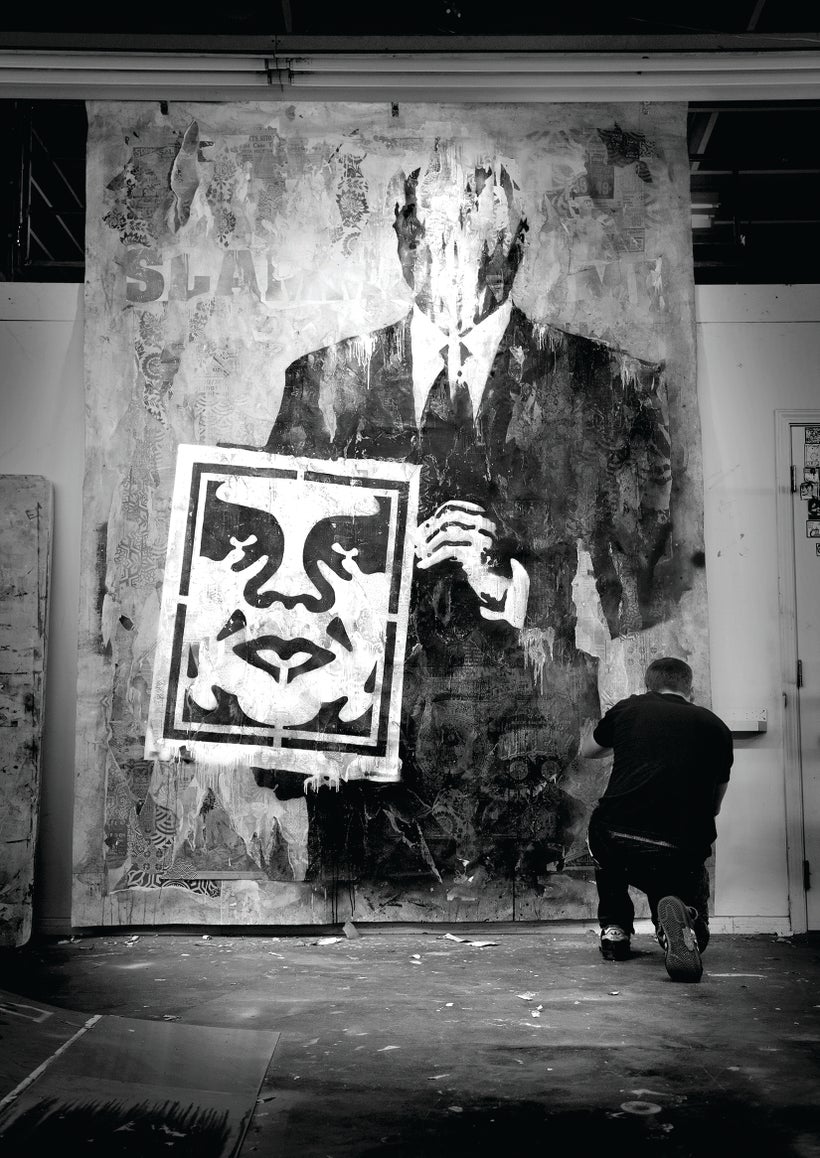 Shepard Fairey at work. <em>Risky Business</em>, 2011, Mixed media painting, mixed media (stencil, silkscreen and collage) on