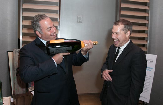 Joey Goldman, Shepard Fairey during the award ceremony. Courtesy Obey Giant Art. Photo credit: Getty Images